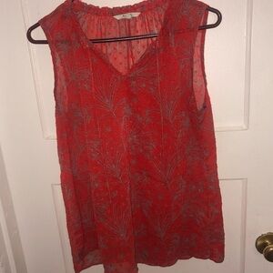 Red Sleeveless Sung Top with Floral Design. Ruffled neck,tie - at front preloved